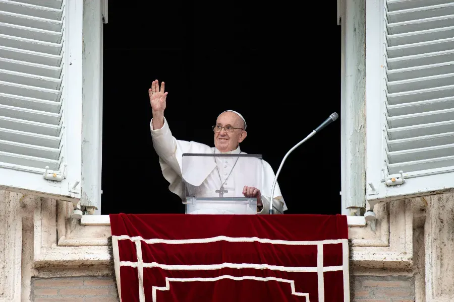 Pope Francis greets pilgrims during the Angelus on July 25, 2021. Vatican Media/CNA